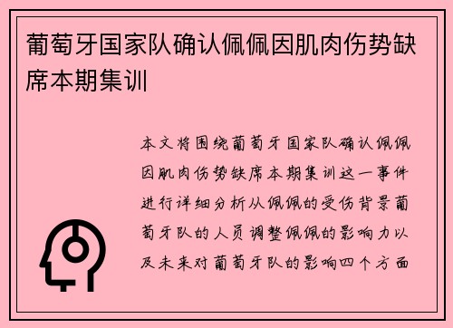 葡萄牙国家队确认佩佩因肌肉伤势缺席本期集训